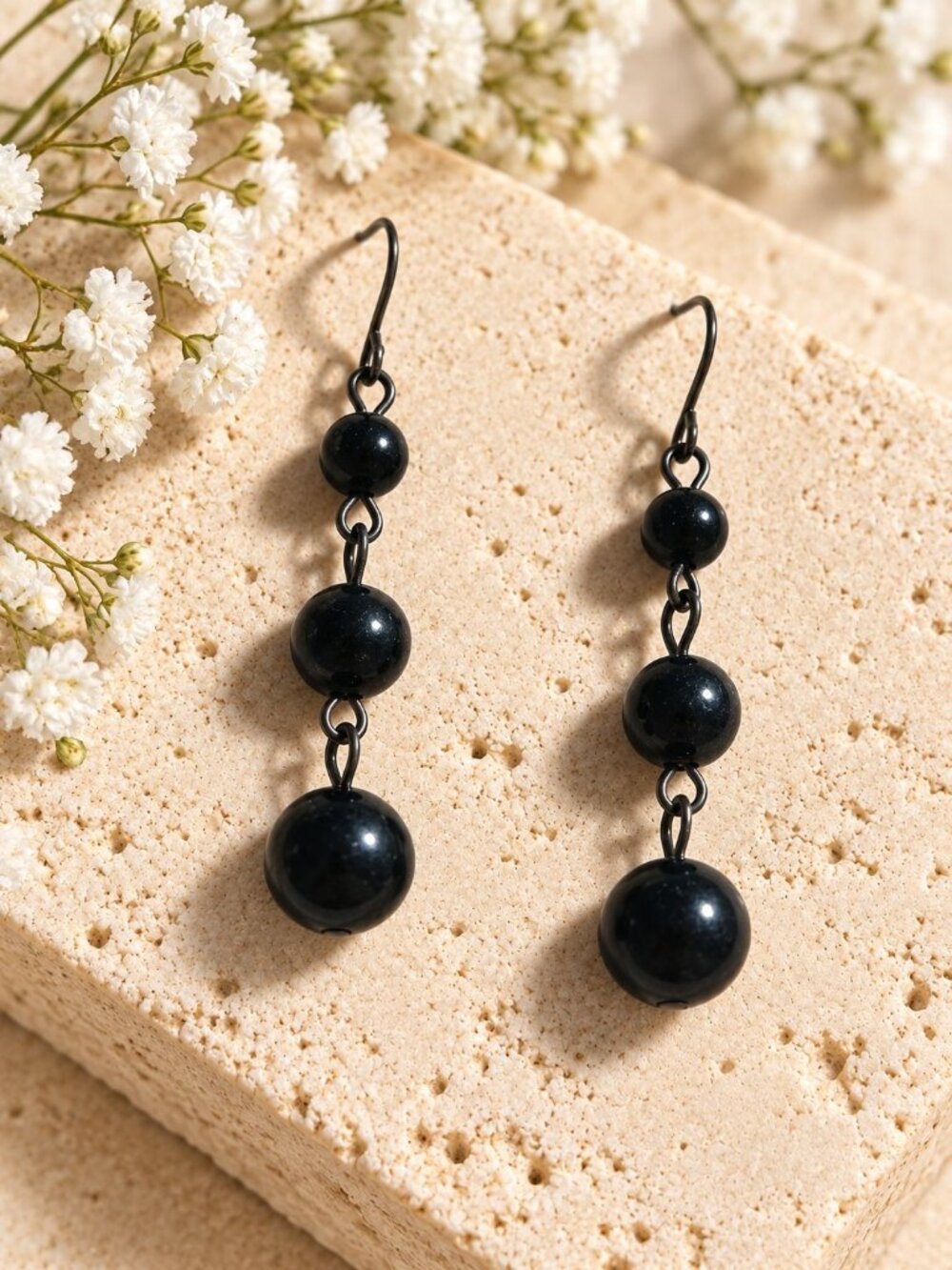 Black Dangle Earrings Three Tier Ball Drop Beads Lightweight Handmade Hook Backi